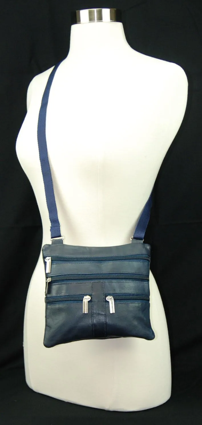 Soft Leather Cross Body Bag Purse Shoulder Bag 5 Pocket Organizer Micro HandbagTravel Wallet 7 colors (Navy Blue)