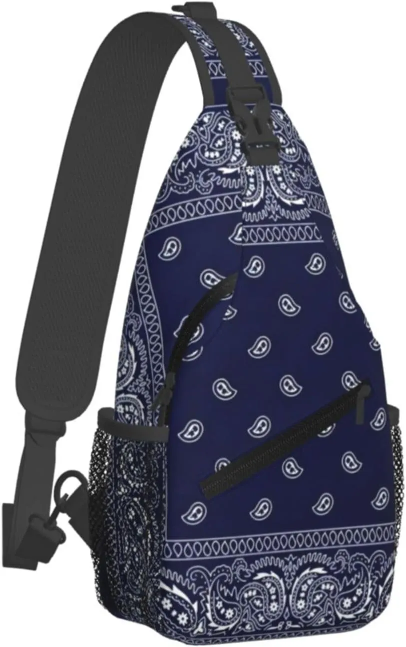 Southwestern Navy Blue Bandana Paisley Printcrossbody Bag, Adjustable Shoulder Strap Chest Bag, Sports Travel, Running, Leisure Waist Bag