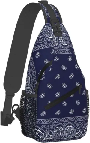 Southwestern Navy Blue Bandana Paisley Printcrossbody Bag, Adjustable Shoulder Strap Chest Bag, Sports Travel, Running, Leisure Waist Bag