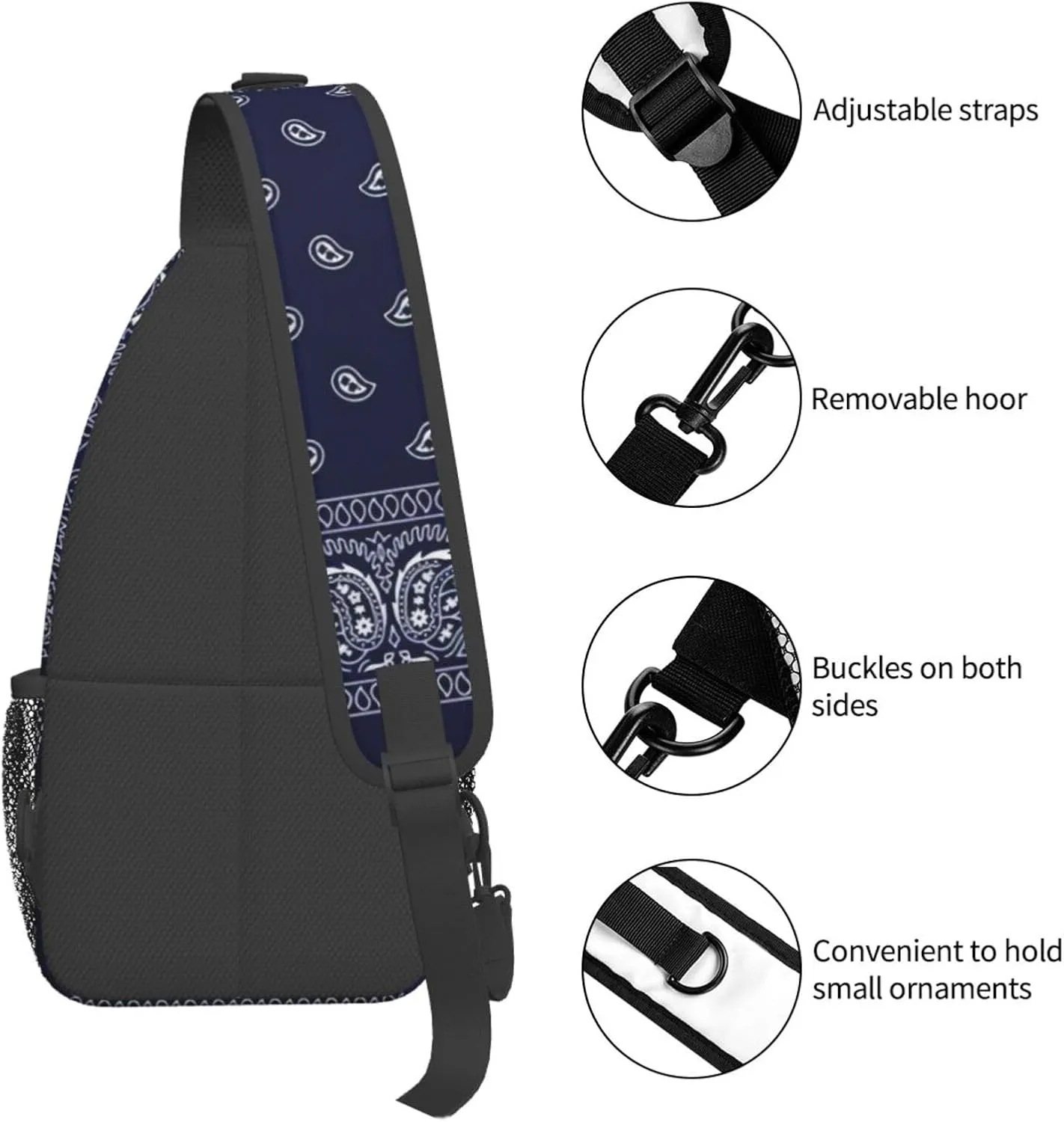 Southwestern Navy Blue Bandana Paisley Printcrossbody Bag, Adjustable Shoulder Strap Chest Bag, Sports Travel, Running, Leisure Waist Bag