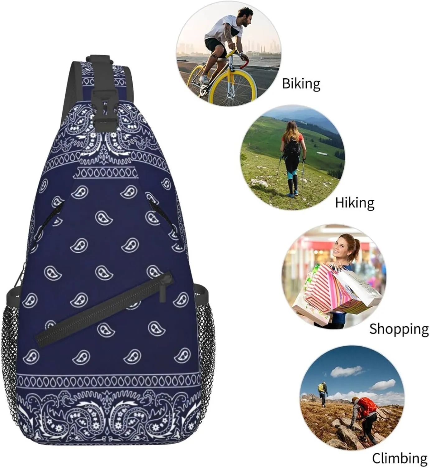 Southwestern Navy Blue Bandana Paisley Printcrossbody Bag, Adjustable Shoulder Strap Chest Bag, Sports Travel, Running, Leisure Waist Bag
