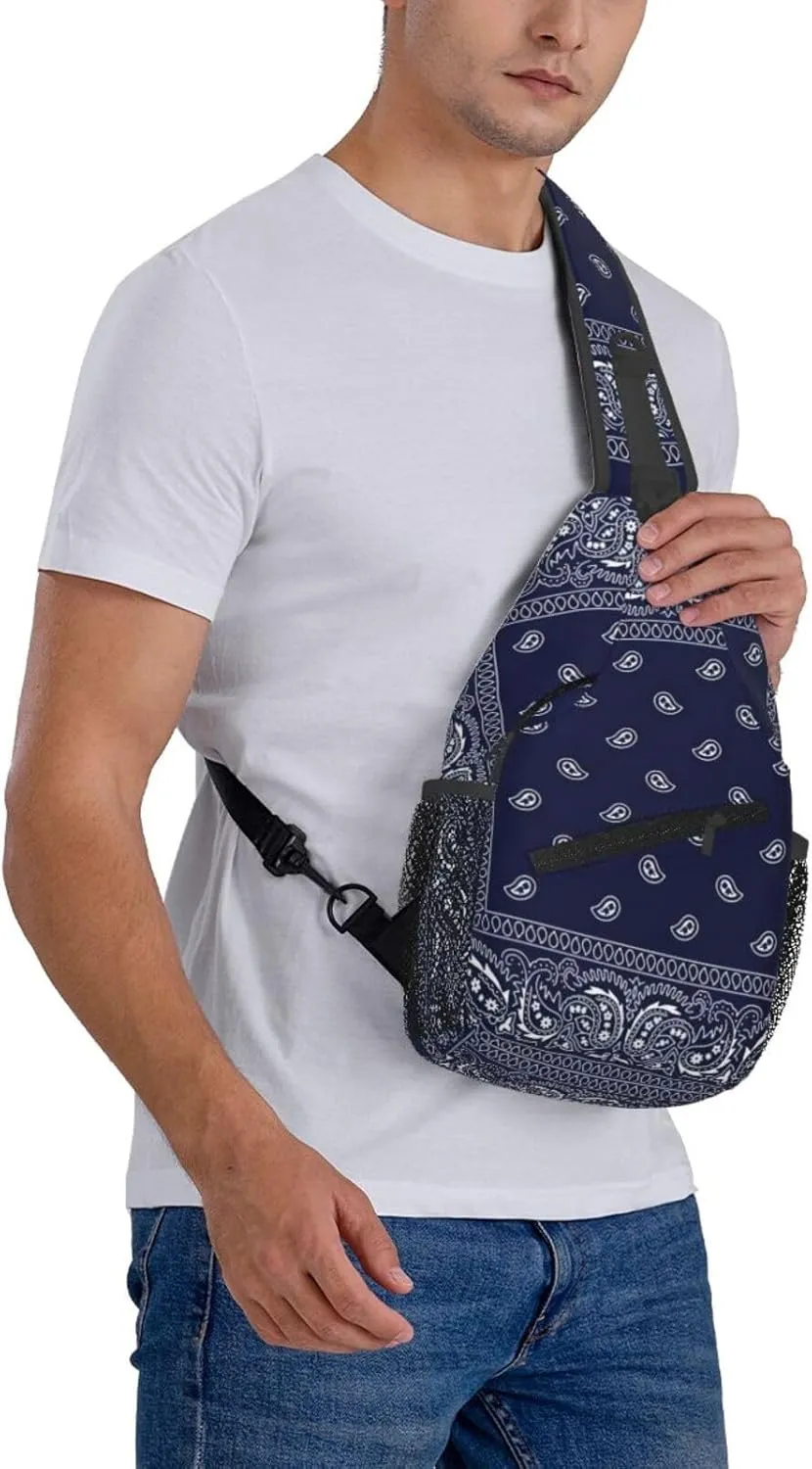 Southwestern Navy Blue Bandana Paisley Printcrossbody Bag, Adjustable Shoulder Strap Chest Bag, Sports Travel, Running, Leisure Waist Bag
