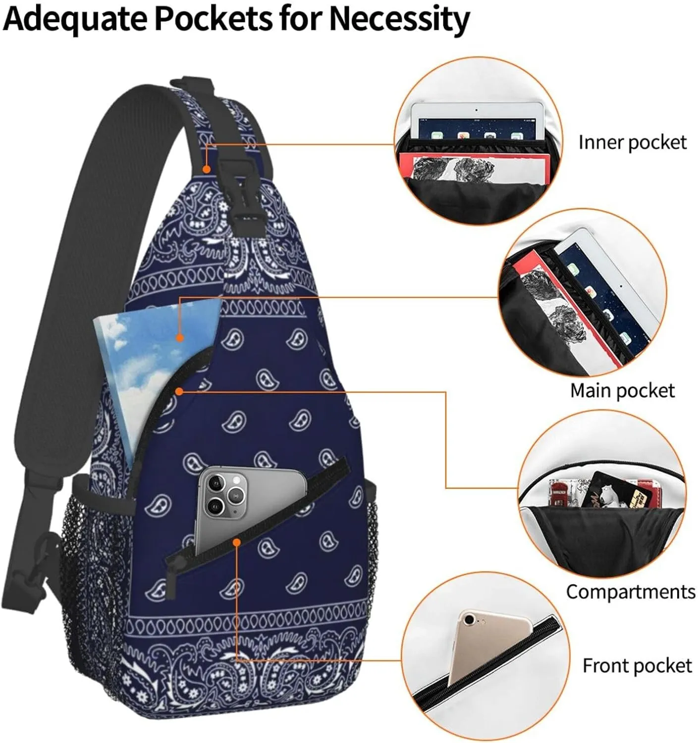 Southwestern Navy Blue Bandana Paisley Printcrossbody Bag, Adjustable Shoulder Strap Chest Bag, Sports Travel, Running, Leisure Waist Bag