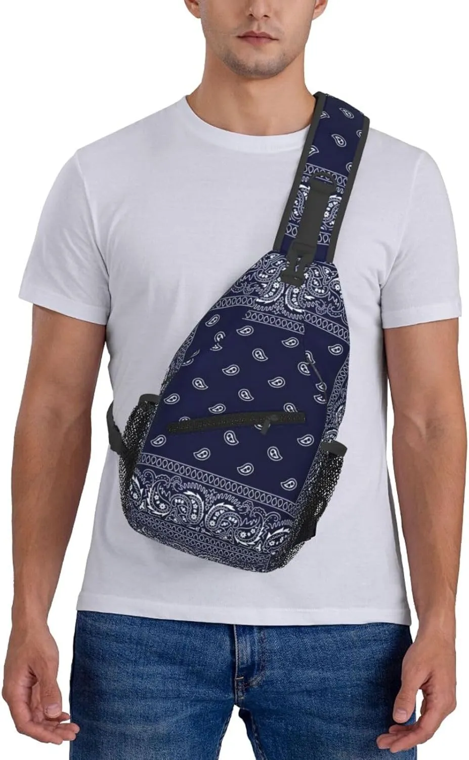 Southwestern Navy Blue Bandana Paisley Printcrossbody Bag, Adjustable Shoulder Strap Chest Bag, Sports Travel, Running, Leisure Waist Bag