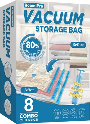 Space Saver Vacuum Storage Bags, 8 Combo (2Jumbo/2Large/2Medium/2Small) Sealer Bags with Pump, Clothing, Comforters, Blanket Storage, Bedding