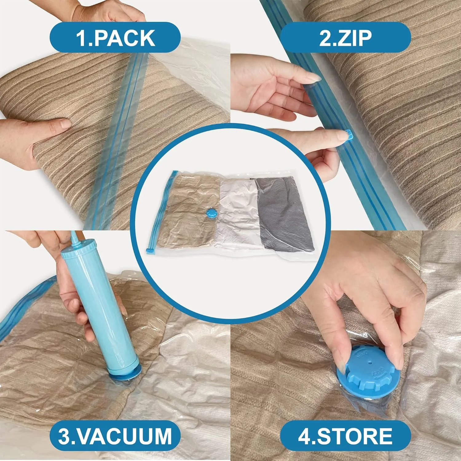 Space Saver Vacuum Storage Bags, 8 Combo (2Jumbo/2Large/2Medium/2Small) Sealer Bags with Pump, Clothing, Comforters, Blanket Storage, Bedding