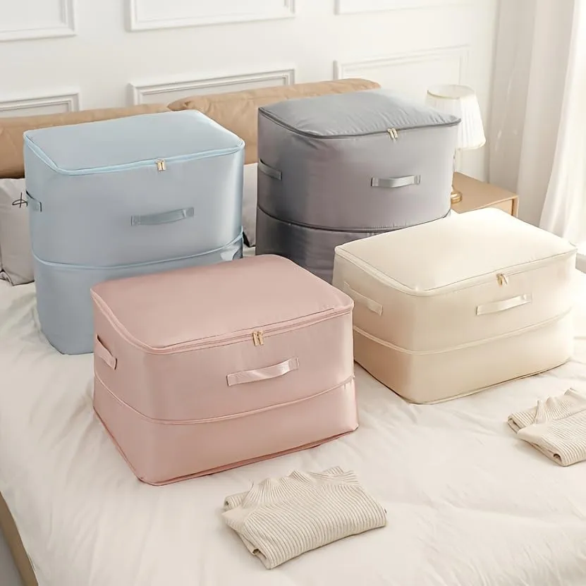 Space Saving Compression Storage Tote Bag Heavy Duty Multipurpose Rectangle Fabric Organizer for Comforters Clothes and Blankets(1pc Beige-L)