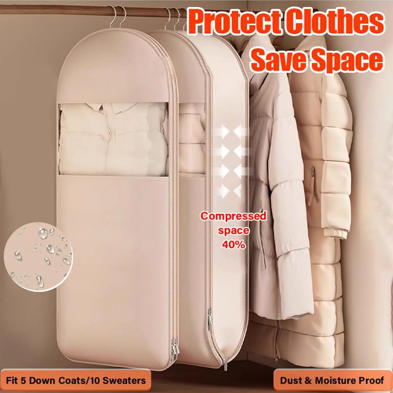 Space Saving Hanging Garment Bag With Self-Compression Zipper For Coats, Space Saver Closet Organizers,Dust Cover Clothes Bags for Down Coat, Transparent Visibility (Light Pink,(M L XL)3pcs)