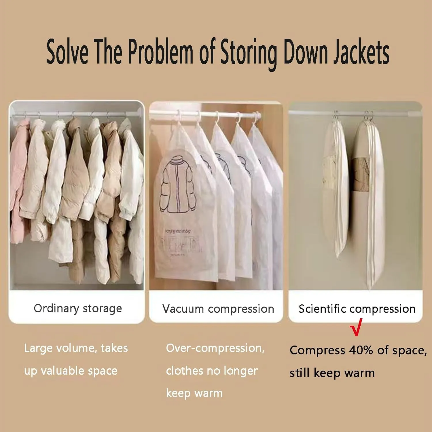 Space Saving Hanging Garment Bag With Self-Compression Zipper For Coats, Space Saver Closet Organizers,Dust Cover Clothes Bags for Down Coat, Transparent Visibility (Light Pink,(M L XL)3pcs)