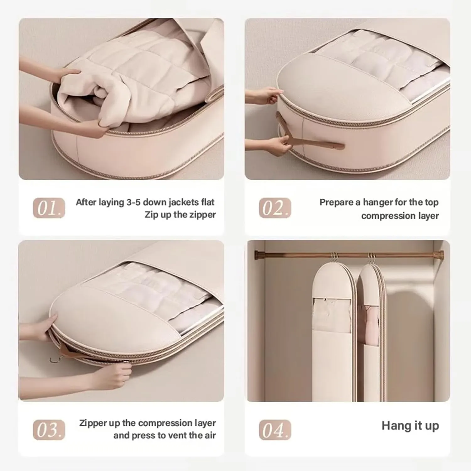 Space Saving Hanging Garment Bag With Self-Compression Zipper For Coats, Space Saver Closet Organizers,Dust Cover Clothes Bags for Down Coat, Transparent Visibility (Light Pink,(M L XL)3pcs)