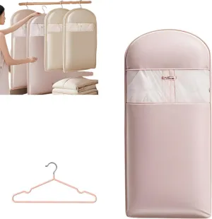 Space Saving Hanging Garment Bag with Self Compression Zipper Gray, Cover Clothes Bags for Down Coat Travel Bags with Hanger (Pink, L)