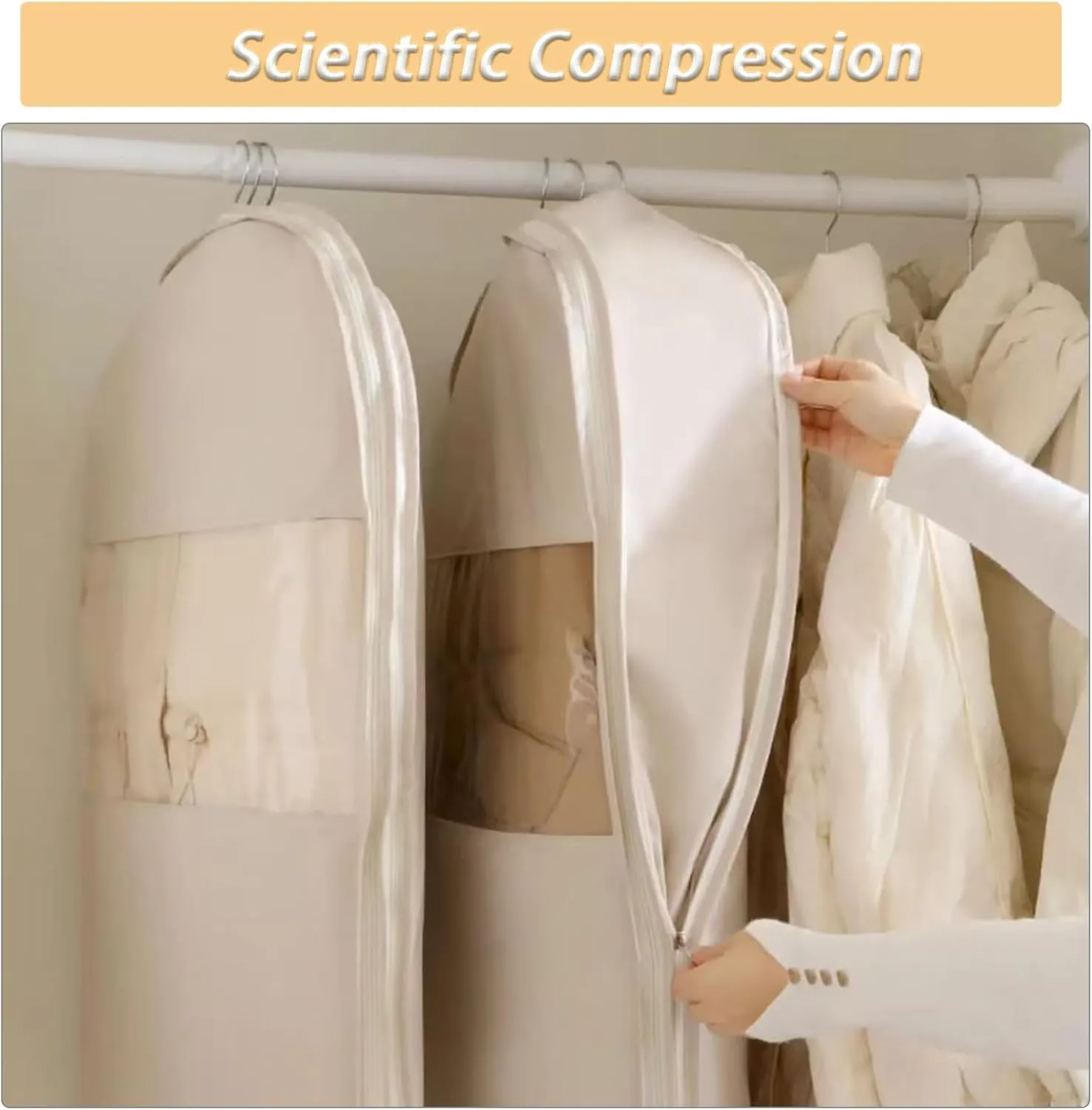 Space Saving Hanging Garment Bag with Self Compression Zipper Gray, Cover Clothes Bags for Down Coat Travel Bags with Hanger (Pink, L)