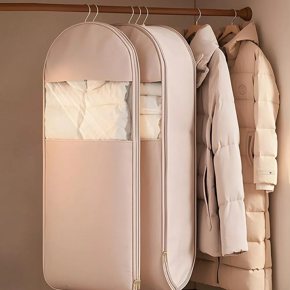 Space Saving Hanging Garment Bag with Self Compression Zipper, Hanging Garment Compression Bag, Dust Cover Clothes Bags for down Coat (Pink, 130cm/51.1 inch)