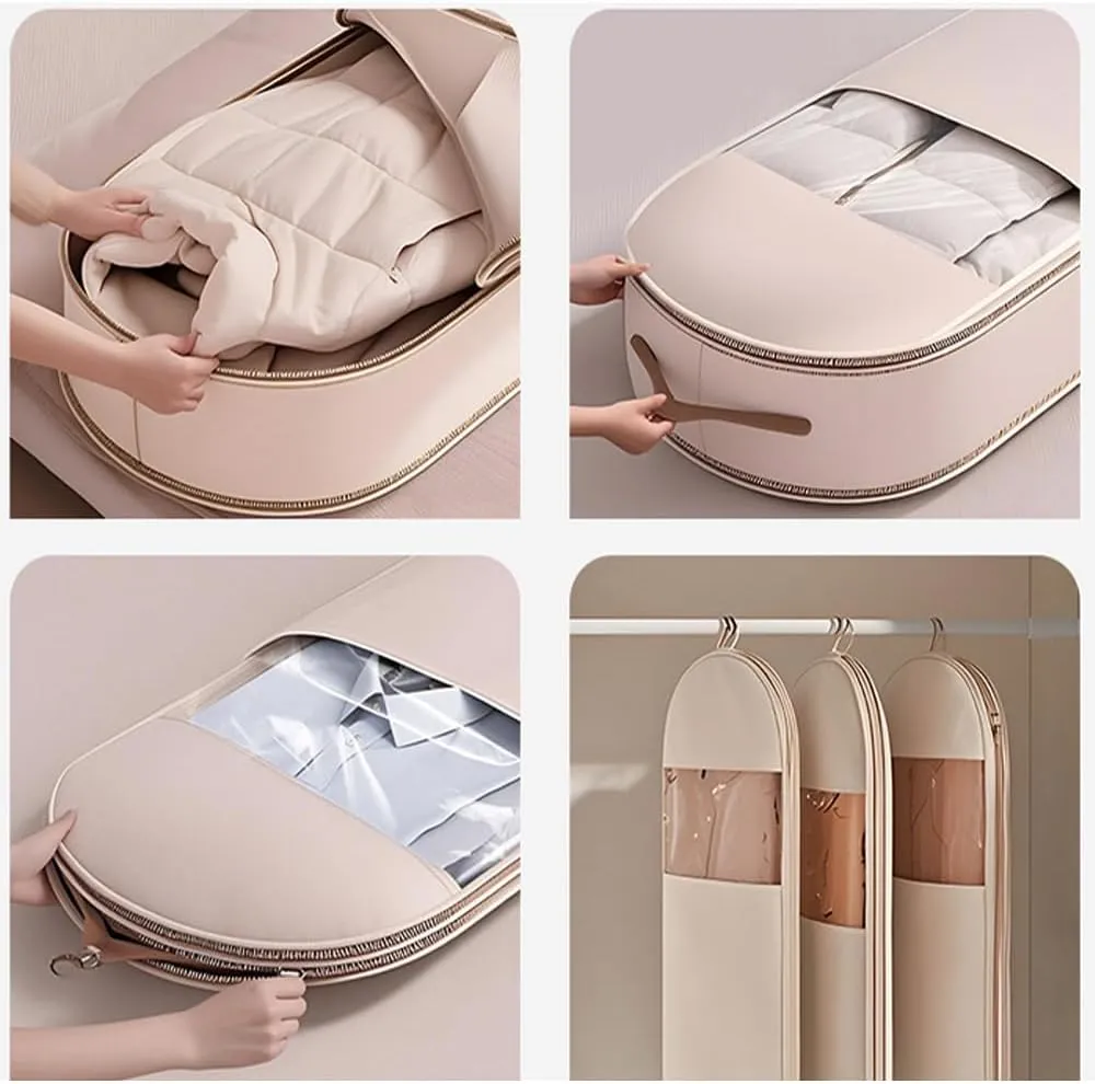Space Saving Hanging Garment Bag with Self Compression Zipper, Hanging Garment Compression Bag, Dust Cover Clothes Bags for down Coat (Pink, 130cm/51.1 inch)