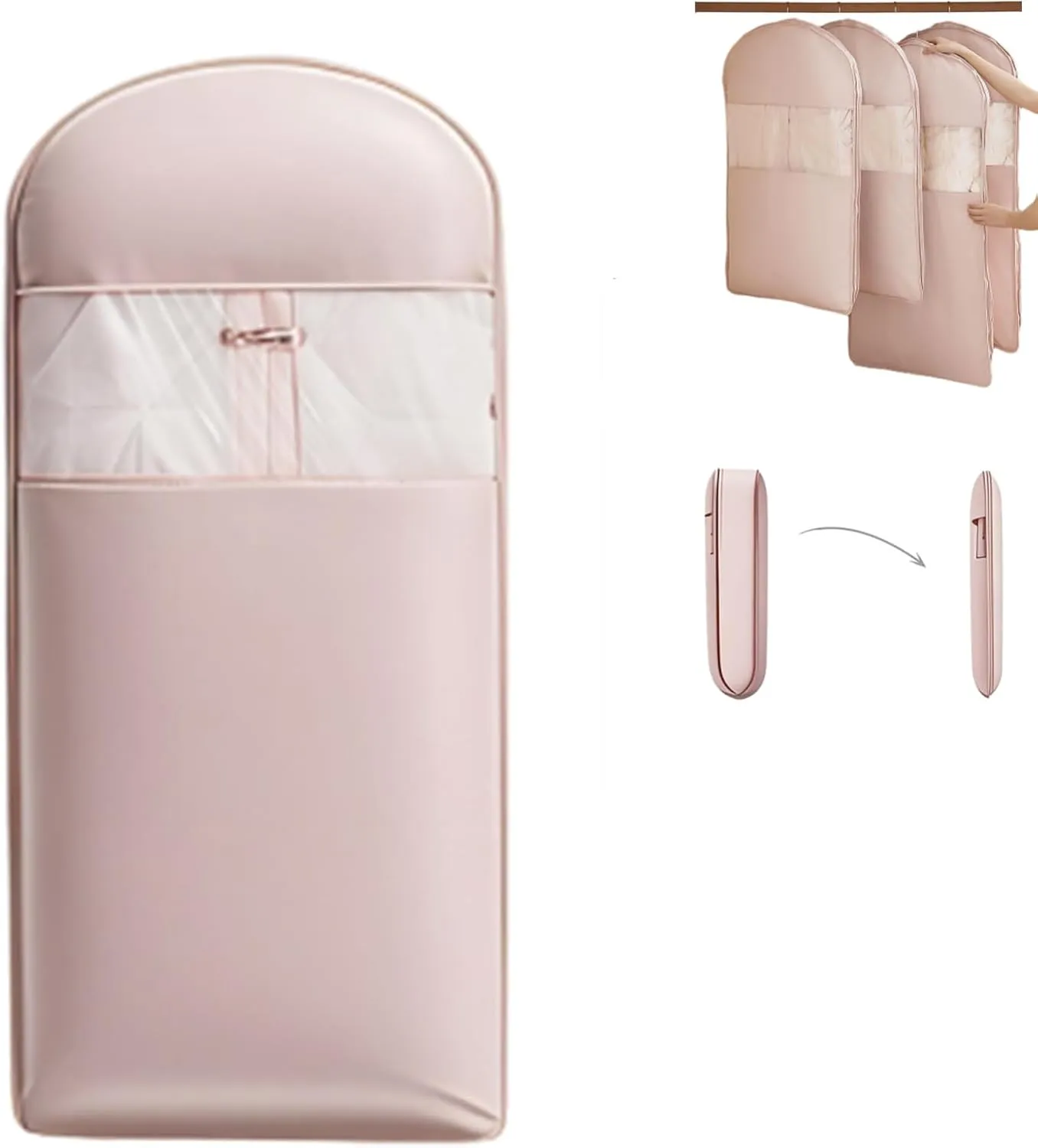 Space Saving Hanging Garment Bag with Self Compression Zipper, Hanging Garment Compression Bag, Dust Cover Clothes Bags for down Coat (Pink, 130cm/51.1 inch)