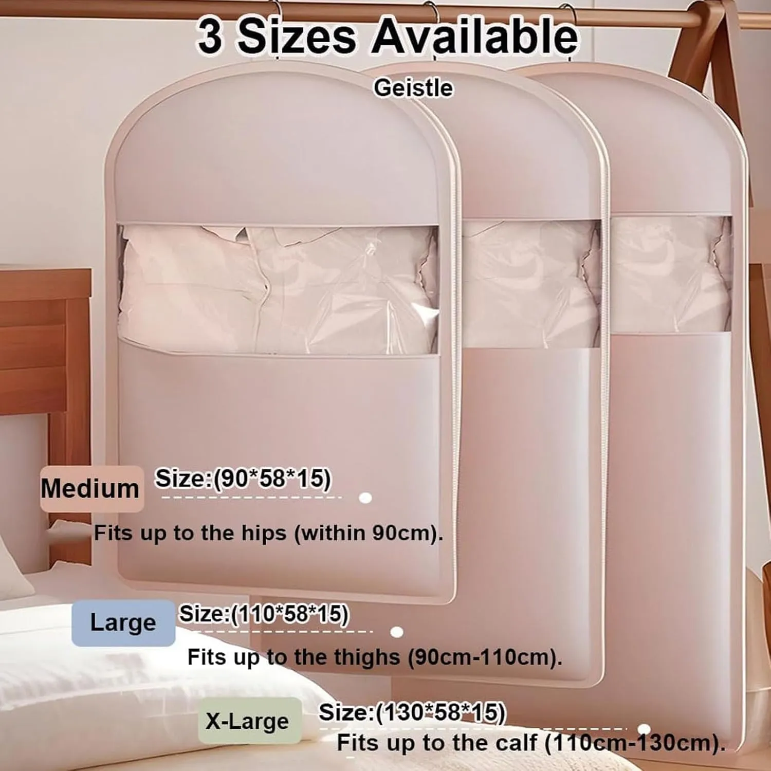 Space Saving Hanging Garment Bag with Self Compression Zipper, Space Saver Coat Storage Bag, Dust Cover Clothes Bags for down Coat, Travel Bags with Hanger, For Closet Storage (Pink, 3 pcs)
