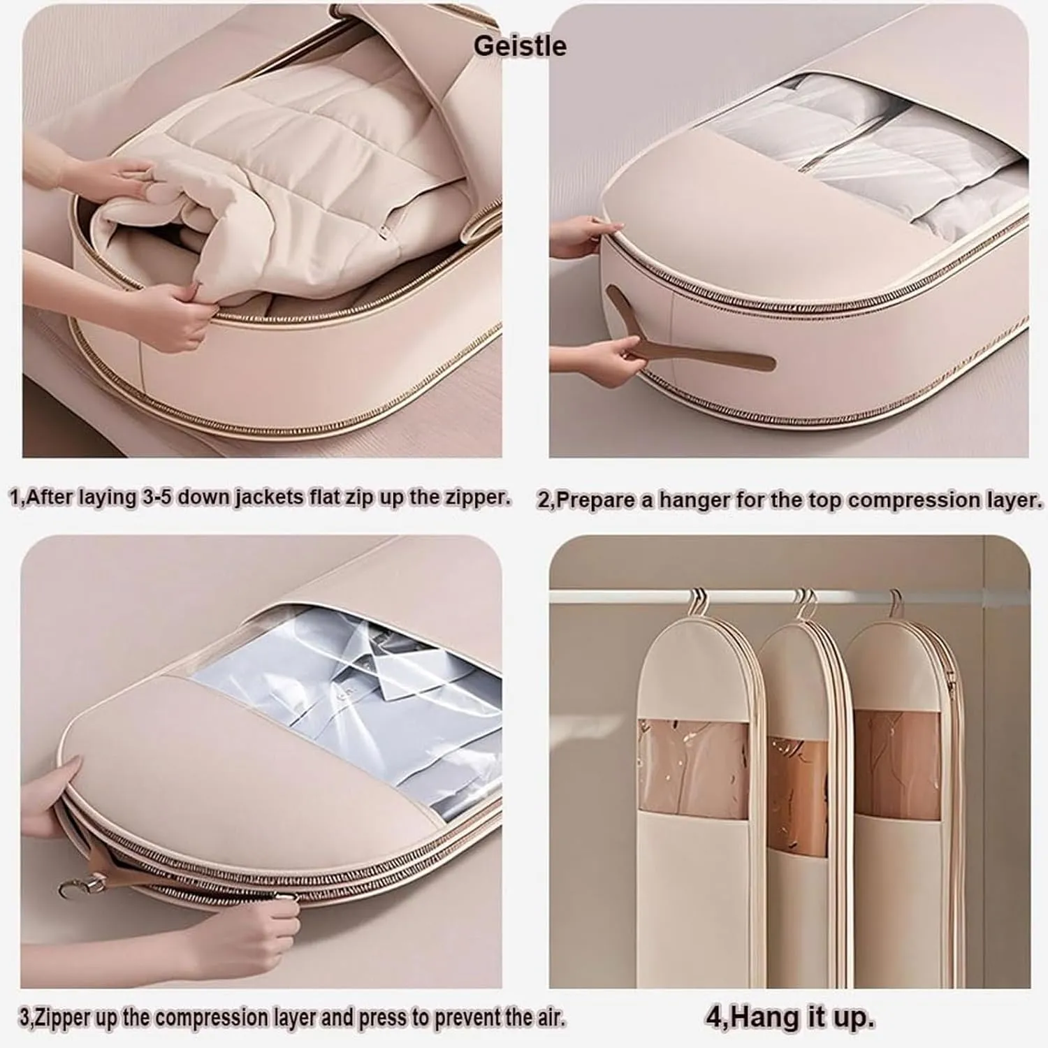 Space Saving Hanging Garment Bag with Self Compression Zipper, Space Saver Coat Storage Bag, Dust Cover Clothes Bags for down Coat, Travel Bags with Hanger, For Closet Storage (Pink, 3 pcs)