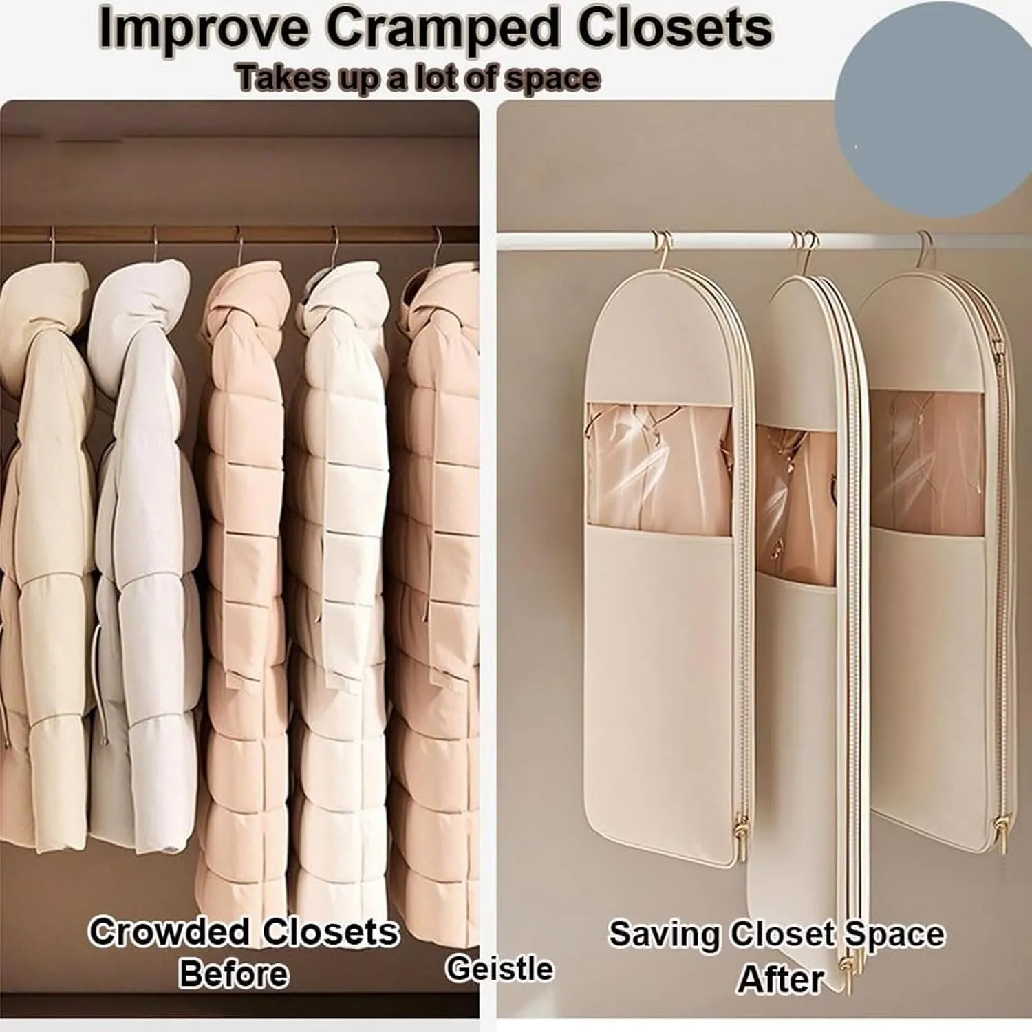 Space Saving Hanging Garment Bag with Self Compression Zipper, Space Saver Coat Storage Bag, Dust Cover Clothes Bags for down Coat, Travel Bags with Hanger, For Closet Storage (Pink, 3 pcs)