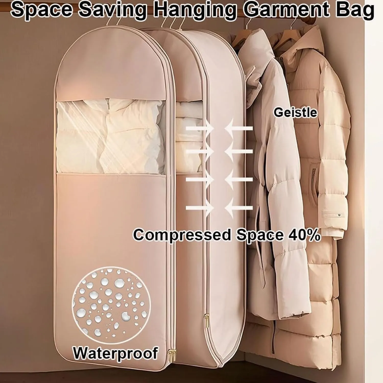 Space Saving Hanging Garment Bag with Self Compression Zipper, Space Saver Coat Storage Bag, Dust Cover Clothes Bags for down Coat, Travel Bags with Hanger, For Closet Storage (Pink, 3 pcs)