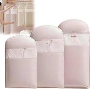 Space Saving Hanging Garment Bag with Self Compression Zipper, Space Saver Coat Storage Bag, Dust Cover Clothes Bags for down Coat, Travel Bags with Hanger, For Closet Storage (Pink, 3 pcs)