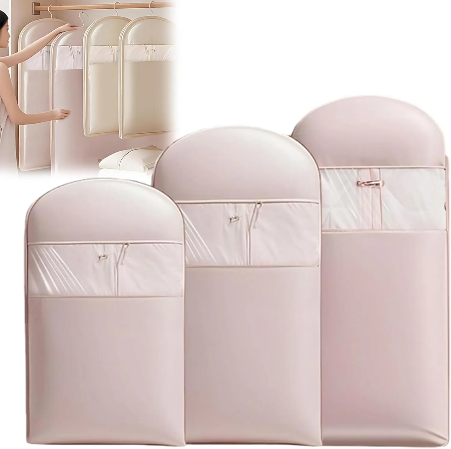 Space Saving Hanging Garment Bag with Self Compression Zipper, Space Saver Coat Storage Bag, Dust Cover Clothes Bags for down Coat, Travel Bags with Hanger, For Closet Storage (Pink, 3 pcs)