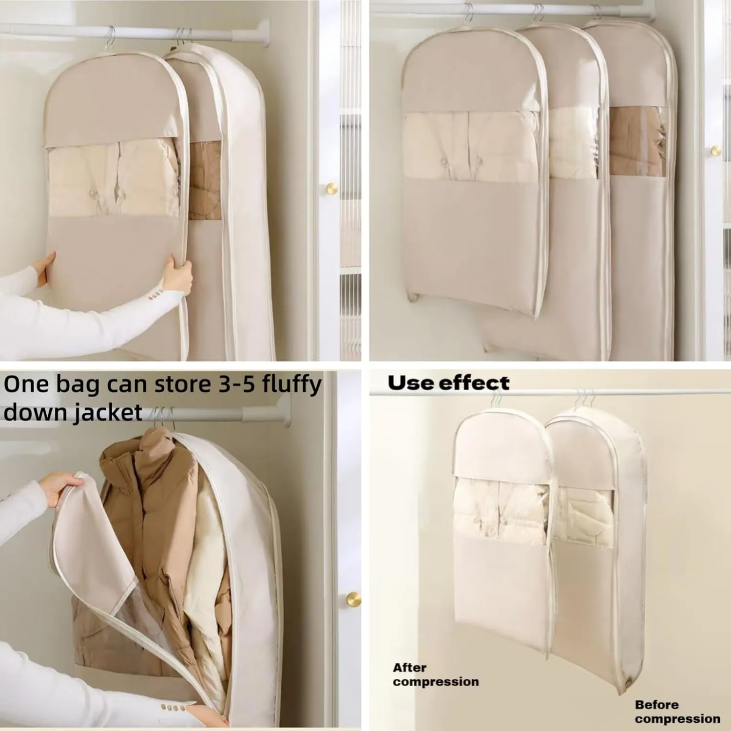 Space Saving Hanging Garment Bag with Self Compression Zipper, Ultra Space Saving Self Compression Bag, Dust Cover Clothes Bags for Down Coat, Closet Organizers, Large Garment Protect Cover (Beige, M)