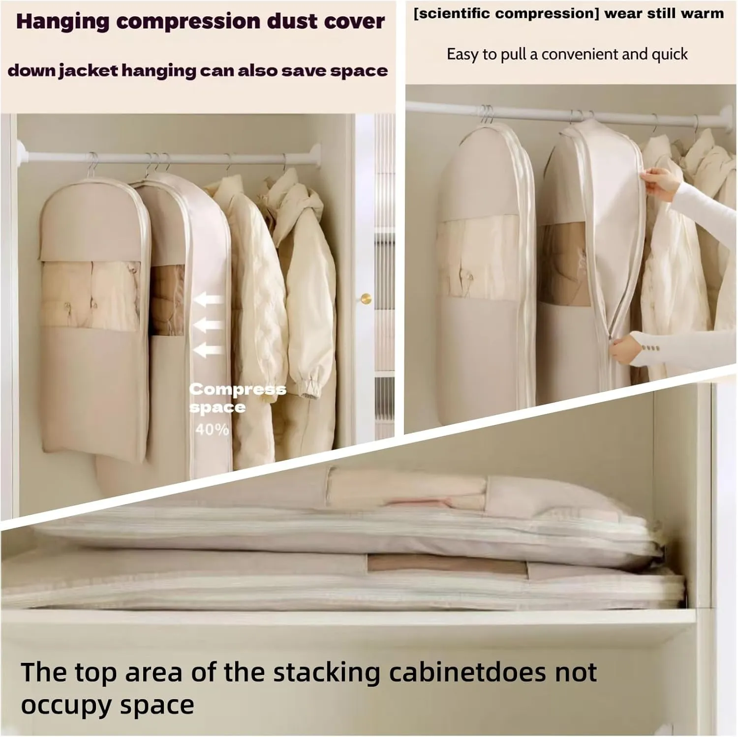 Space Saving Hanging Garment Bag with Self Compression Zipper, Ultra Space Saving Self Compression Bag, Dust Cover Clothes Bags for Down Coat, Closet Organizers, Large Garment Protect Cover (Beige, M)