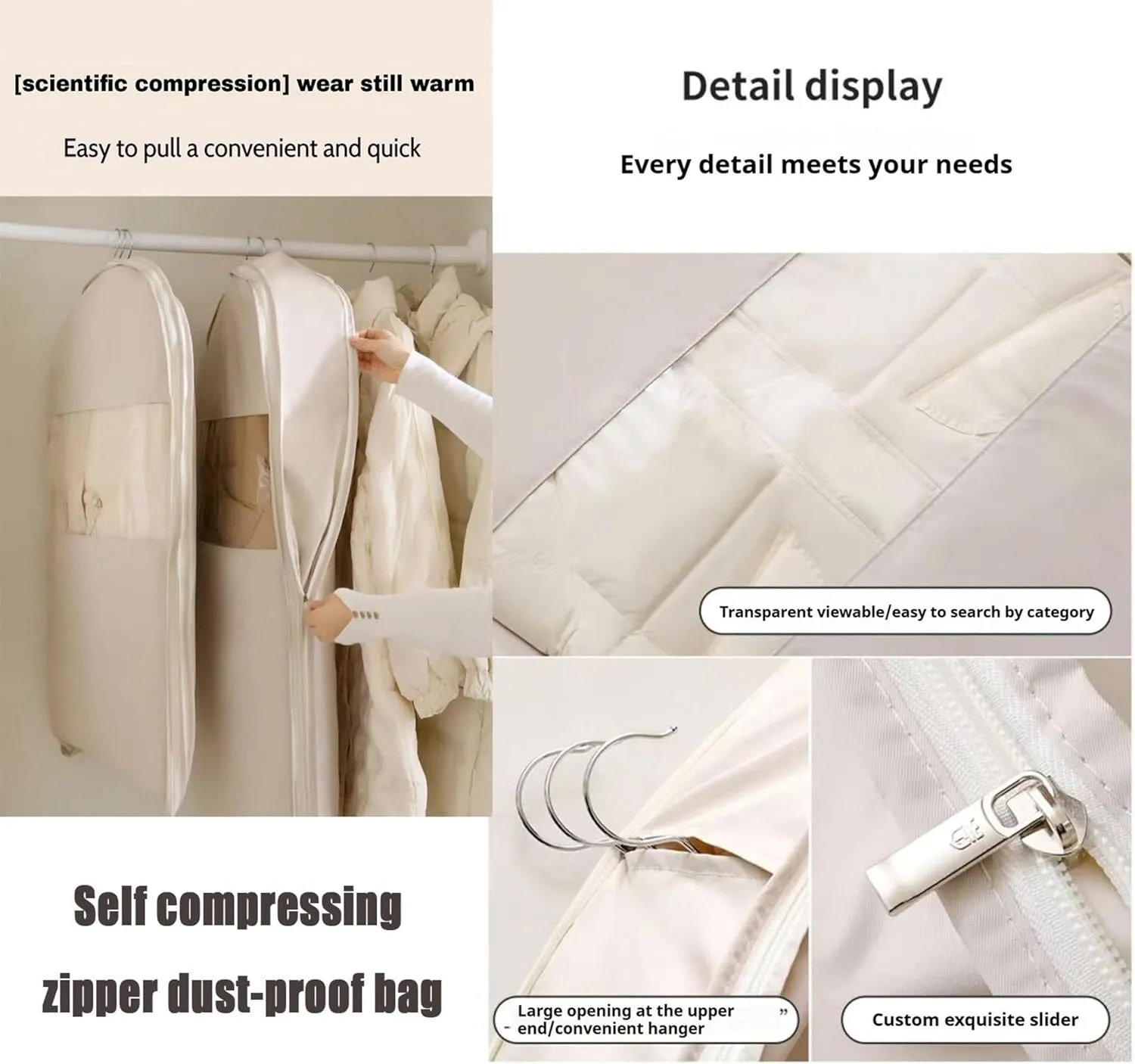 Space Saving Hanging Garment Bag with Self Compression Zipper, Ultra Space Saving Self Compression Bag, Dust Cover Clothes Bags for Down Coat, Closet Organizers, Large Garment Protect Cover (Beige, M)