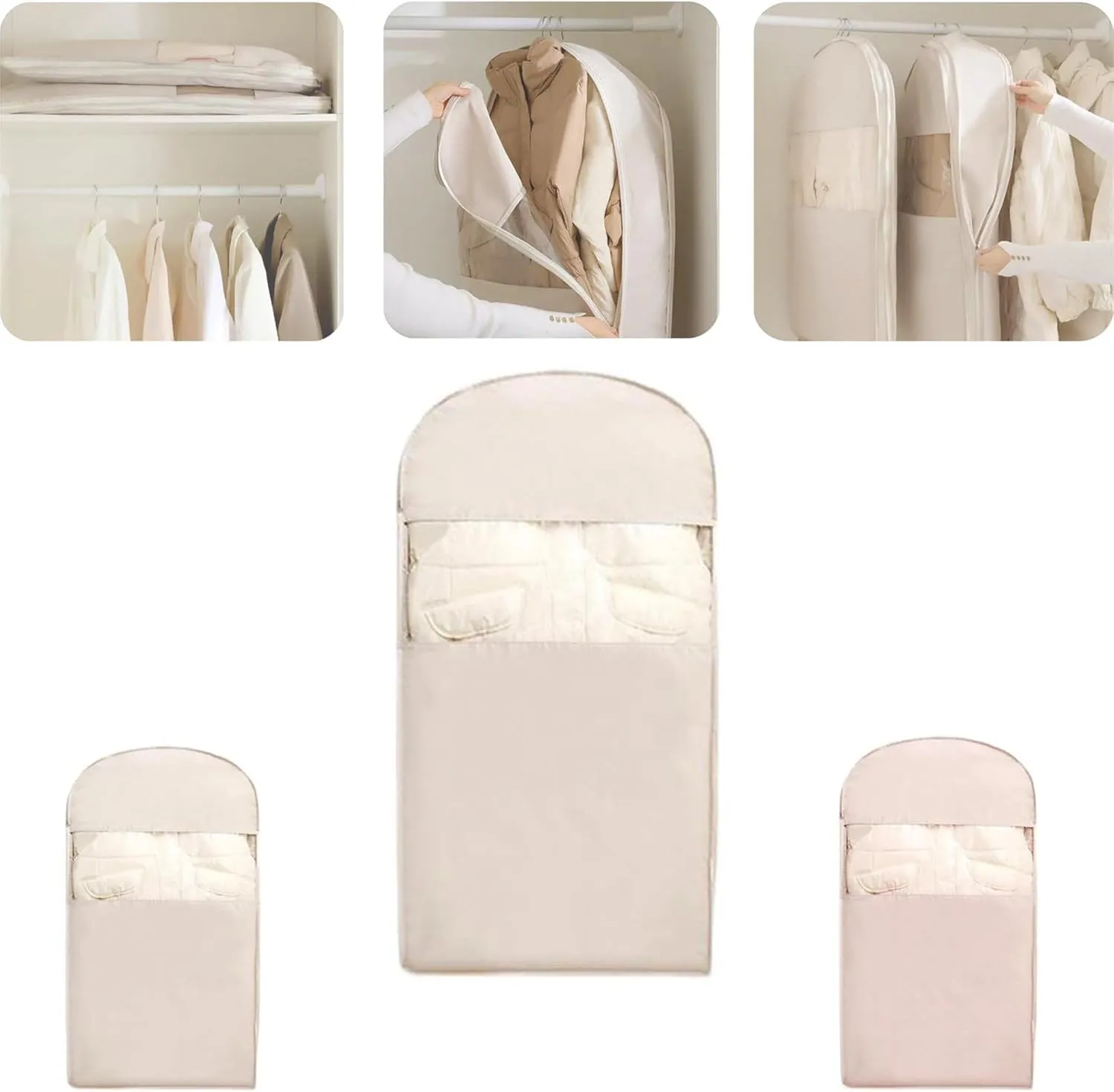 Space Saving Hanging Garment Bag with Self Compression Zipper, Ultra Space Saving Self Compression Bag, Dust Cover Clothes Bags for Down Coat, Closet Organizers, Large Garment Protect Cover (Beige, M)