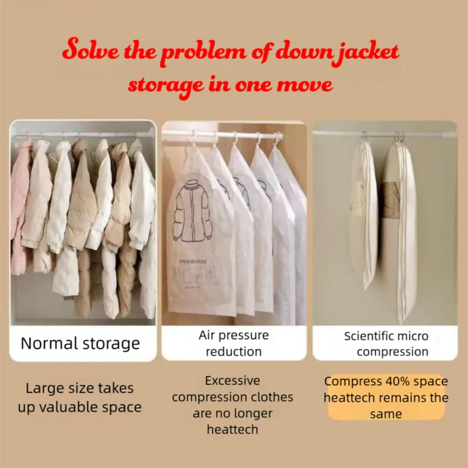 Space Saving Hanging Garment Bag with Self Compression Zipper, Ultra Space Saving Self Compression Bag, Dust Cover Clothes Bags for Down Coat, Closet Organizers, Large Garment Protect Cover (Beige, M)