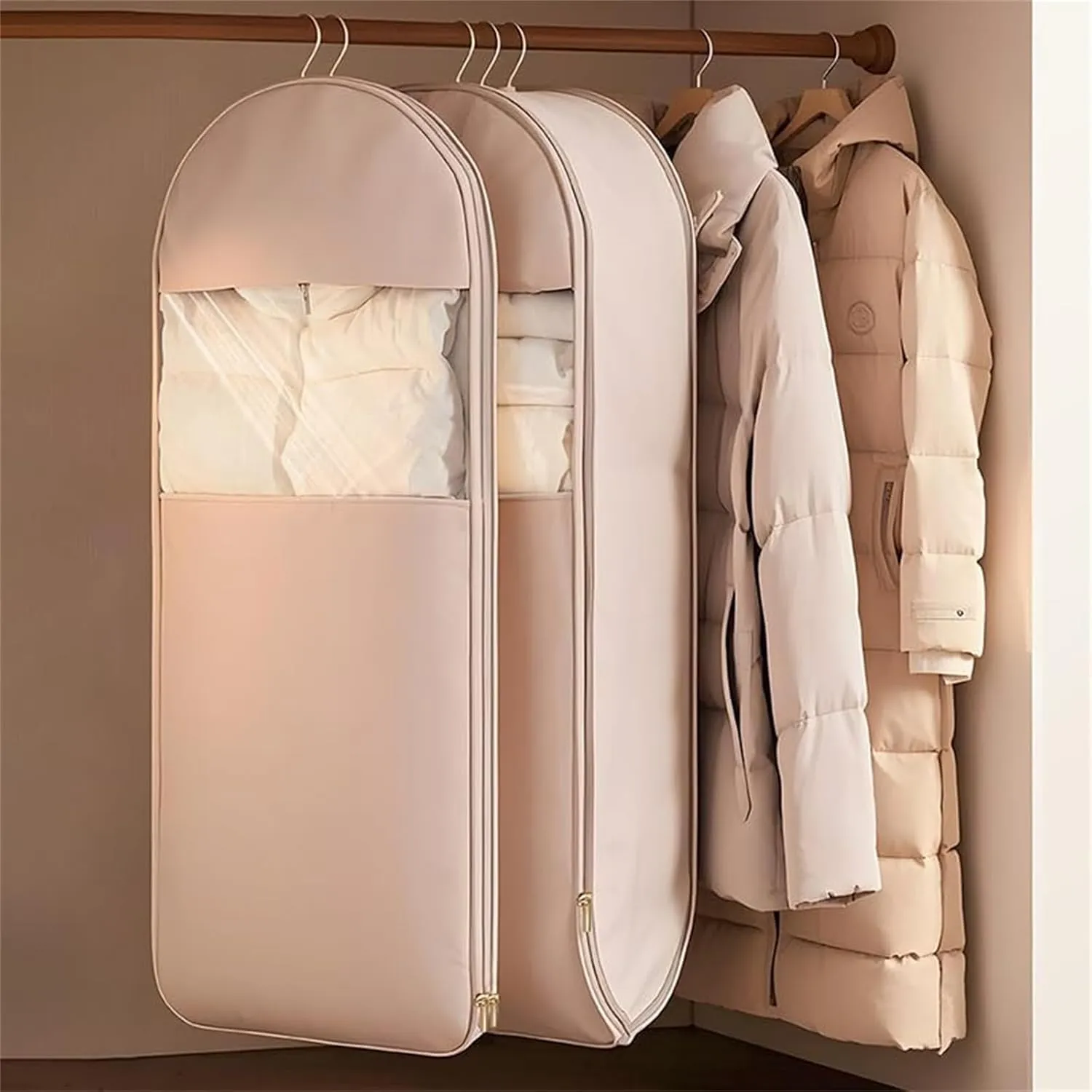 Space Saving Hanging Garment Bag With Self Compression Zipper,2025 New Space Saving Hanging Protector,Dust Cover Clothes Bags For Down Coat For Closet Storage (Beige, L)
