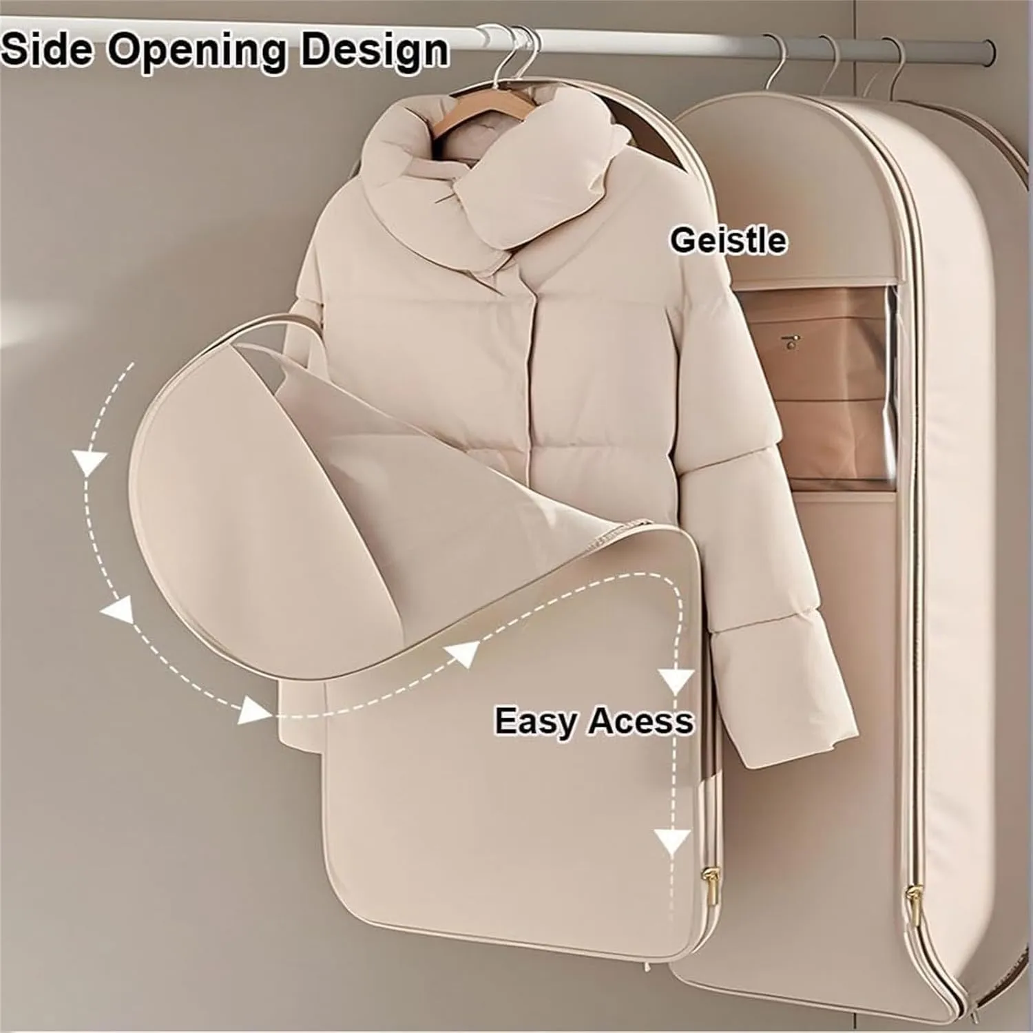 Space Saving Hanging Garment Bag With Self Compression Zipper,2025 New Space Saving Hanging Protector,Dust Cover Clothes Bags For Down Coat For Closet Storage (Beige, L)