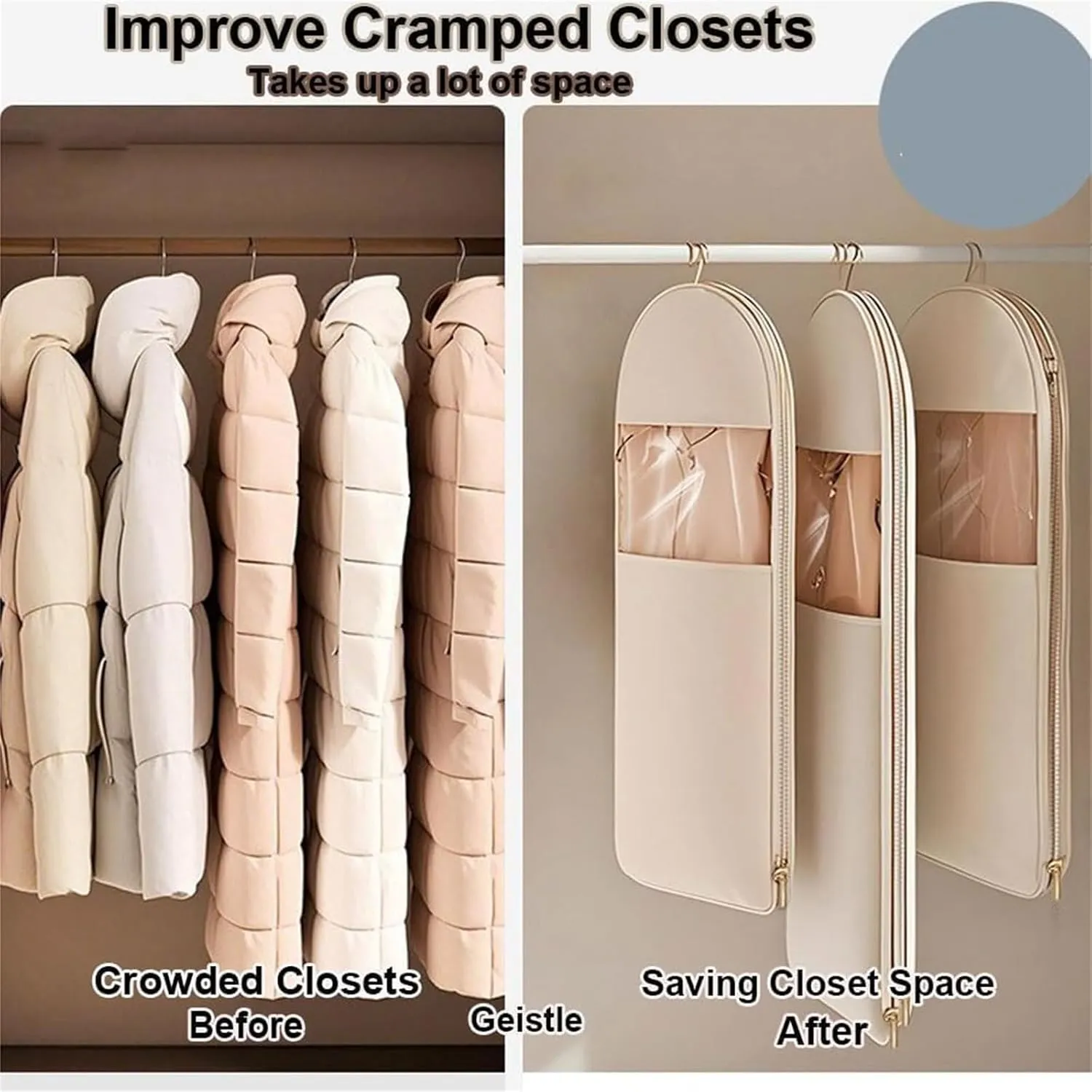 Space Saving Hanging Garment Bag With Self Compression Zipper,2025 New Space Saving Hanging Protector,Dust Cover Clothes Bags For Down Coat For Closet Storage (Beige, L)