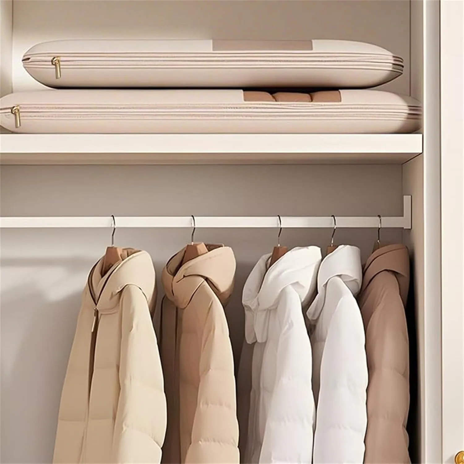 Space Saving Hanging Garment Bag With Self Compression Zipper,2025 New Space Saving Hanging Protector,Dust Cover Clothes Bags For Down Coat For Closet Storage (Beige, L)