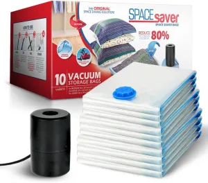 Spacesaver Clothing Vacuum Storage Bags with Electric Pump - 10-Pack, Medium, Large and Jumbo Sizes - Vacuum Seal Bags for Clothing, Beddings, Comforters, Blankets, Travel Sealer