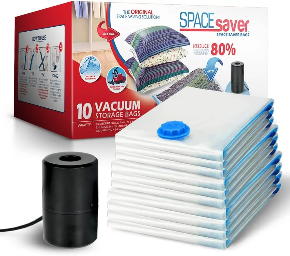 Spacesaver Clothing Vacuum Storage Bags with Electric Pump - 10-Pack, Medium, Large and Jumbo Sizes - Vacuum Seal Bags for Clothing, Beddings, Comforters, Blankets, Travel Sealer