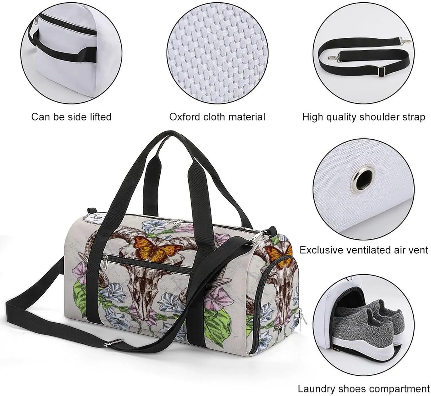 Sport Gym Duffel with Shoe Compartment Wet Pocket, Animal-skull-boho-style Shoulder Travel Bag for Women Men
