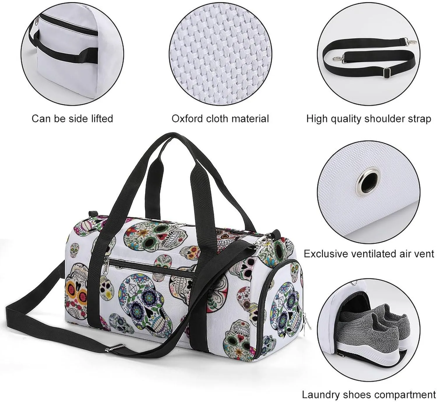 Sport Gym Duffel with Shoe Compartment Wet Pocket, Skull-candy-sugar-pattern Shoulder Travel Bag for Women Men