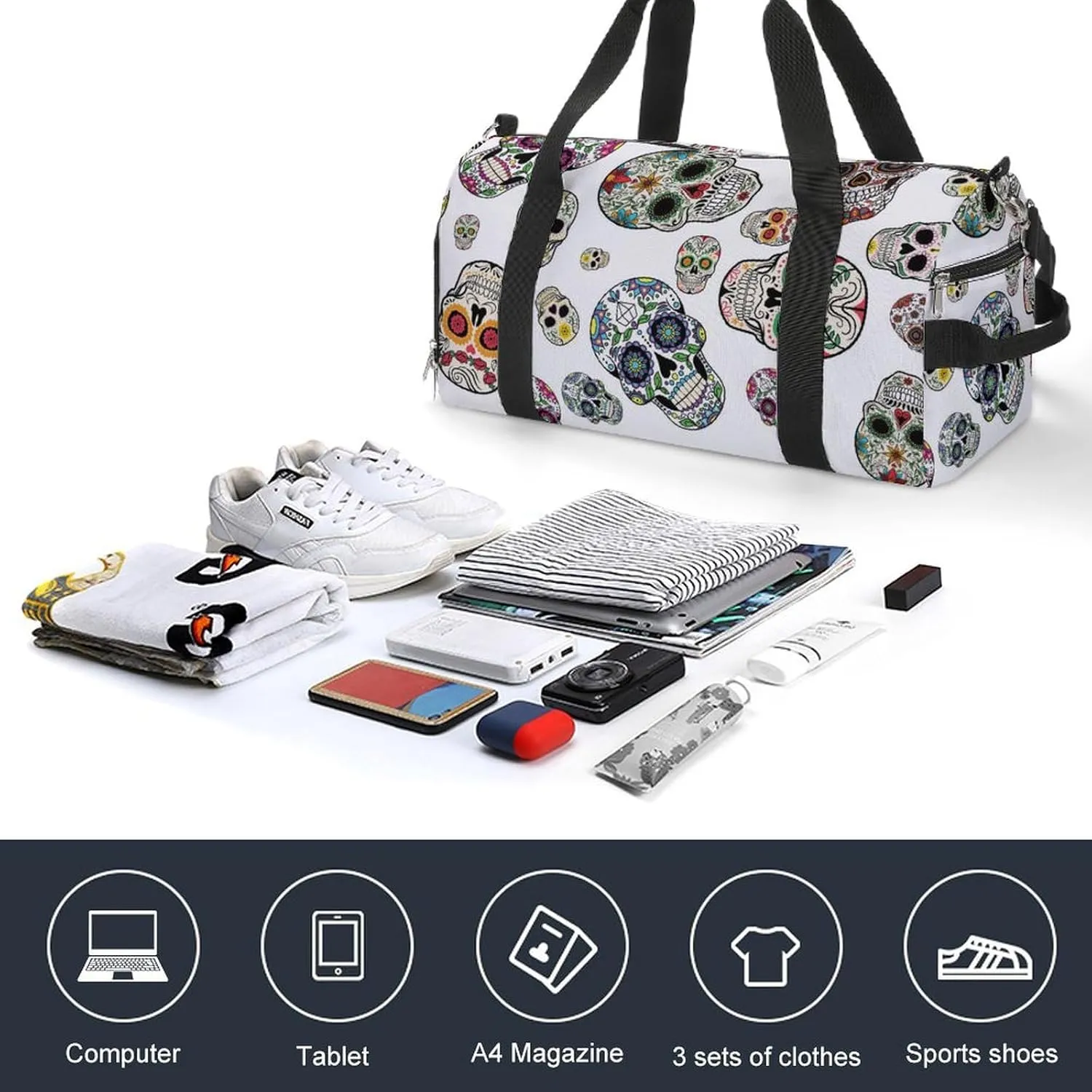 Sport Gym Duffel with Shoe Compartment Wet Pocket, Skull-candy-sugar-pattern Shoulder Travel Bag for Women Men