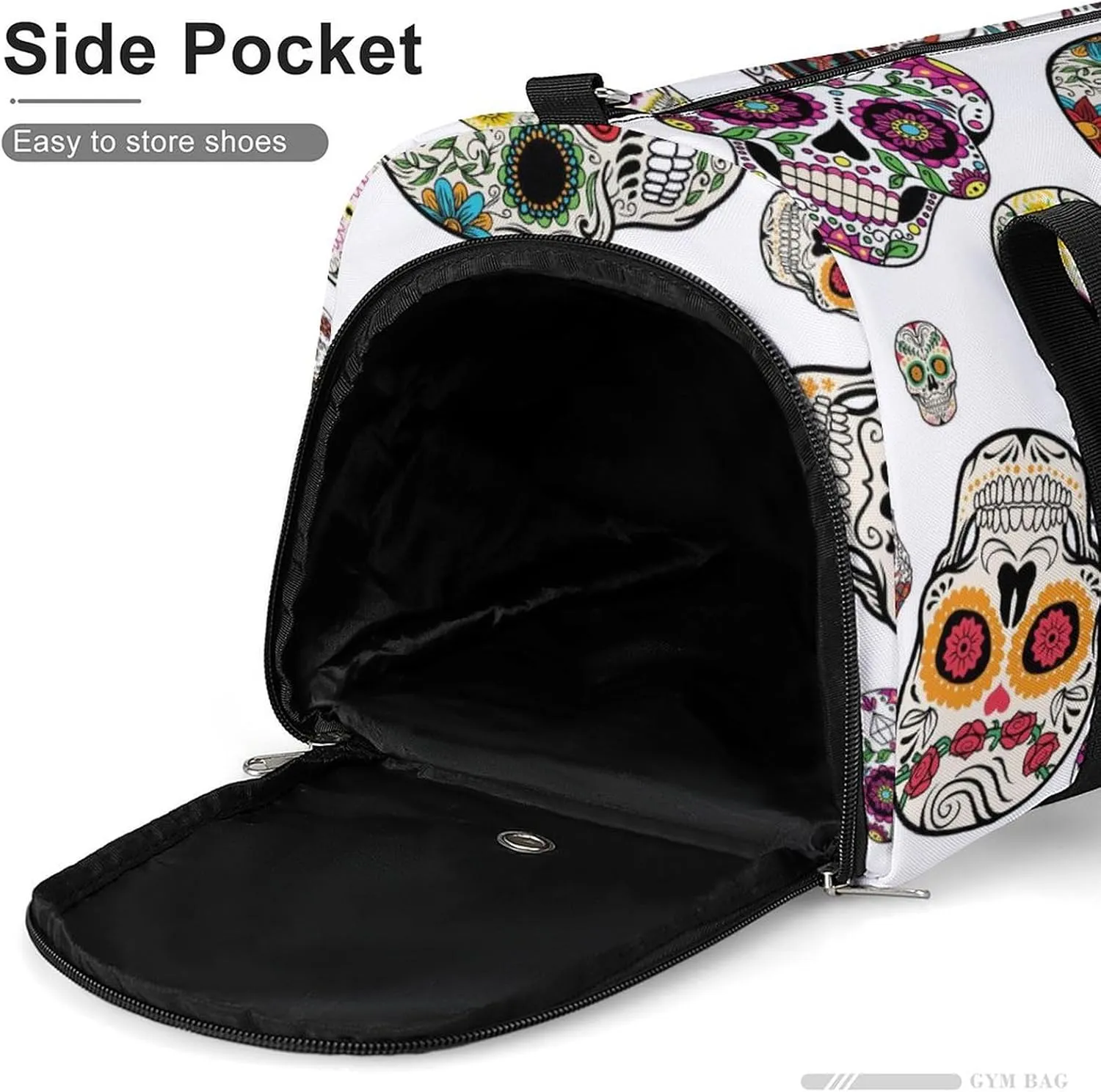 Sport Gym Duffel with Shoe Compartment Wet Pocket, Skull-candy-sugar-pattern Shoulder Travel Bag for Women Men