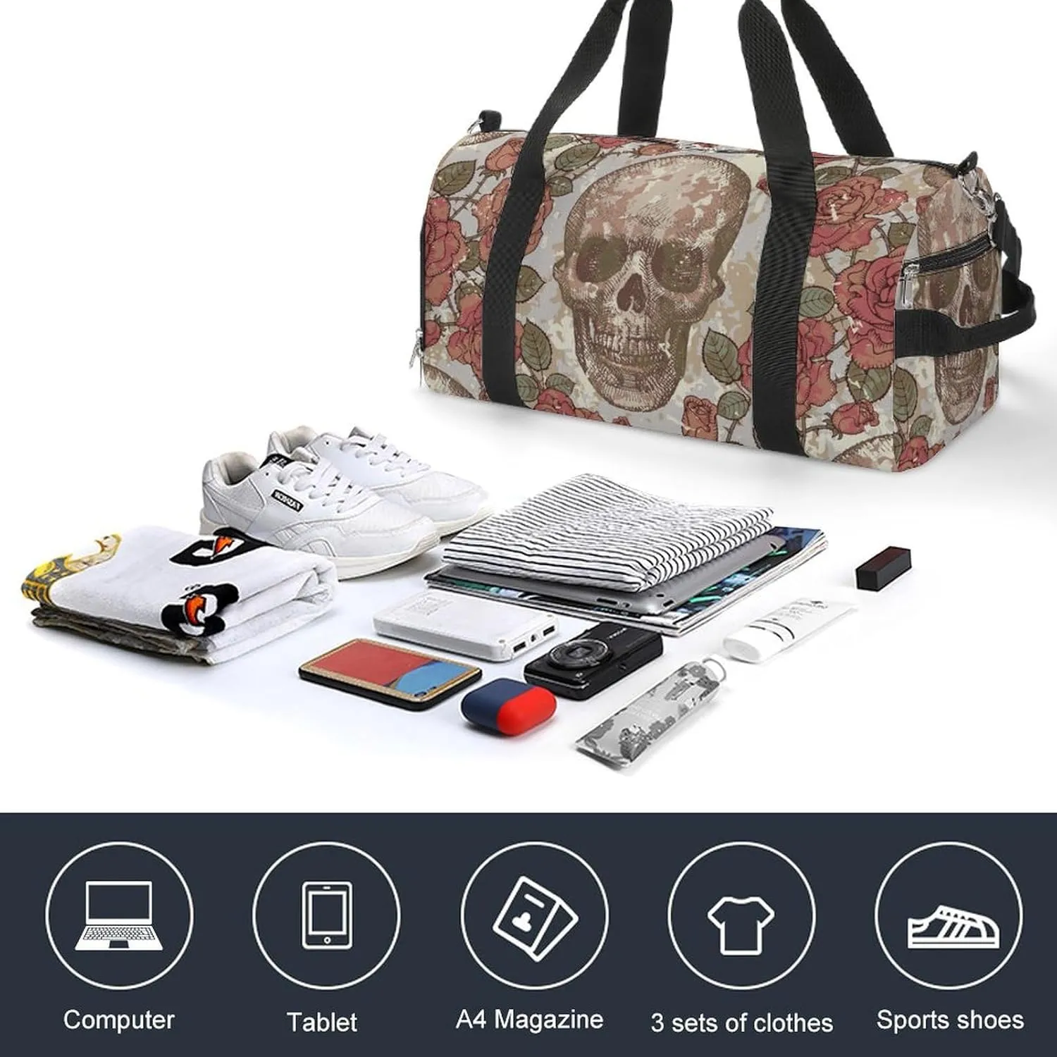 Sport Gym Duffel with Shoe Compartment Wet Pocket, Vintage-skull-style Shoulder Travel Bag for Women Men