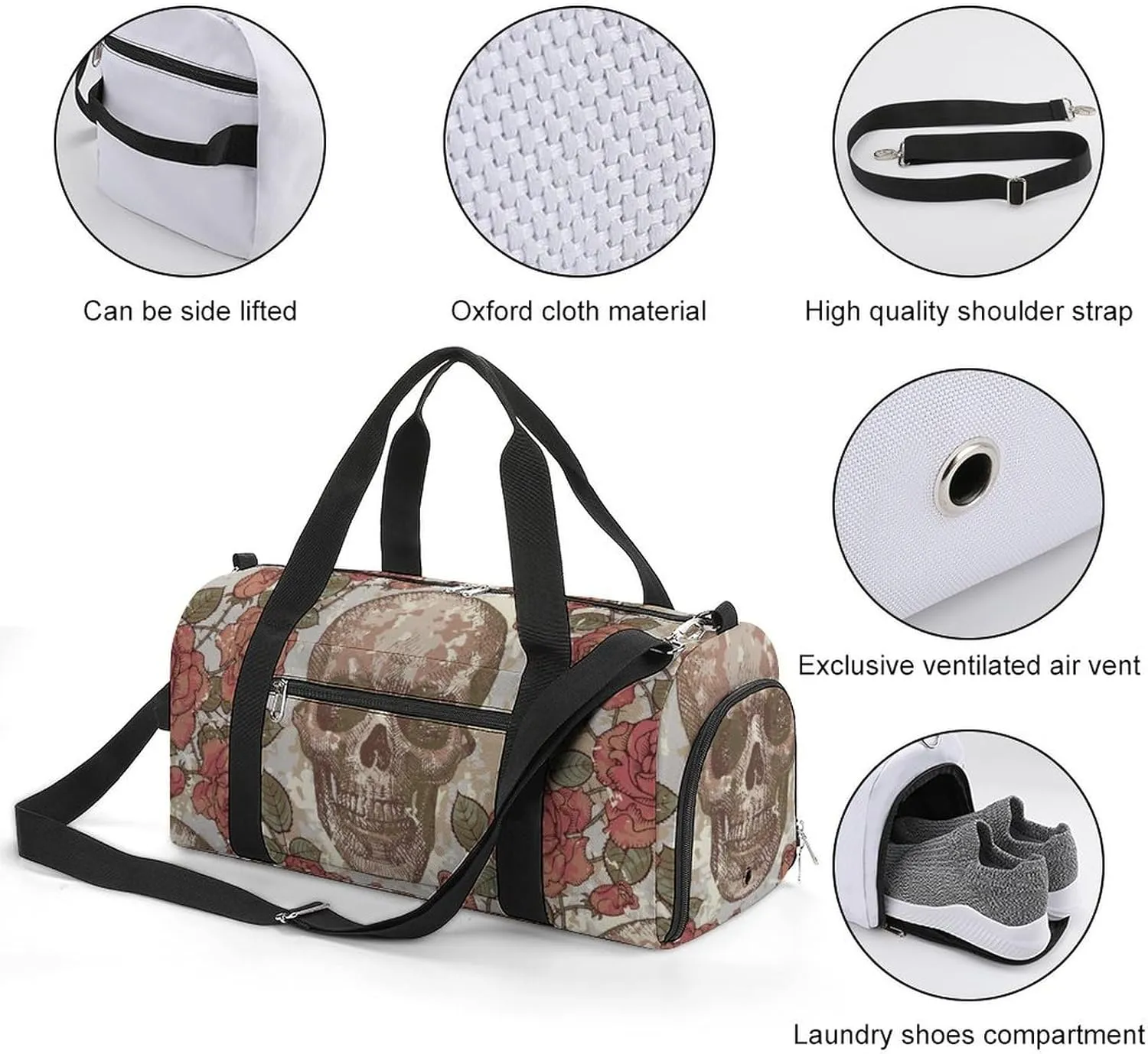 Sport Gym Duffel with Shoe Compartment Wet Pocket, Vintage-skull-style Shoulder Travel Bag for Women Men