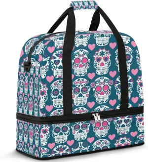 Sports Duffel Bag, Foldable Gothic Skull Travel Duffel Bag, Gym Yoga Beach Bag Weekender Overnight Bag with Shoes Compartment for Men Women, Skull Flowers
