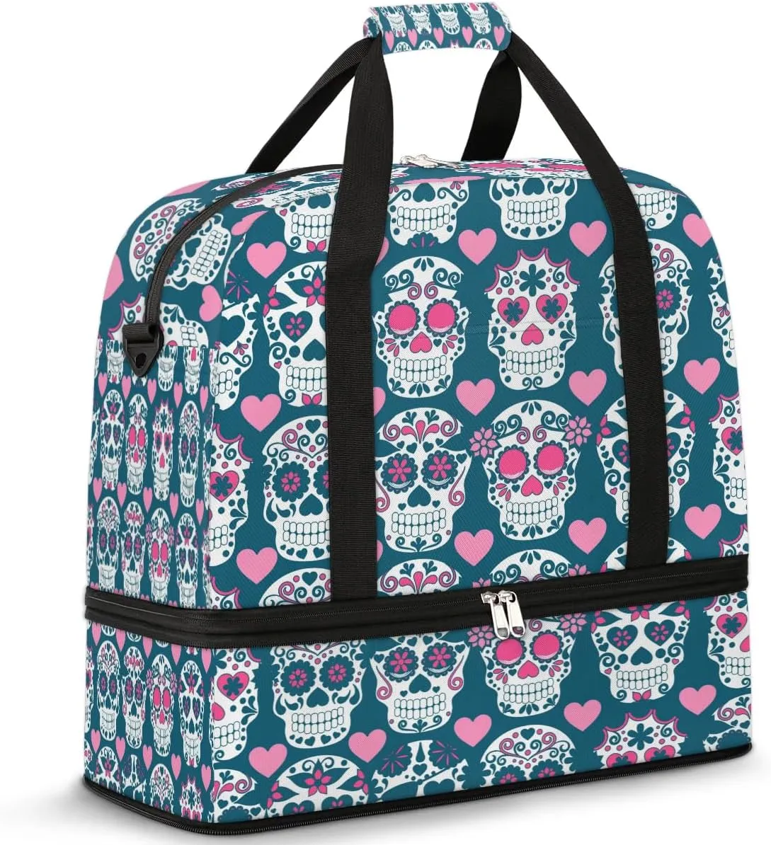 Sports Duffel Bag, Foldable Gothic Skull Travel Duffel Bag, Gym Yoga Beach Bag Weekender Overnight Bag with Shoes Compartment for Men Women, Skull Flowers