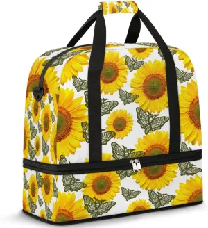 Sports Duffel Bag, Foldable Skull Moth Gothic Travel Duffel Bag, Gym Yoga Beach Bag Weekender Overnight Bag with Shoes Compartment for Men Women, Sunflower