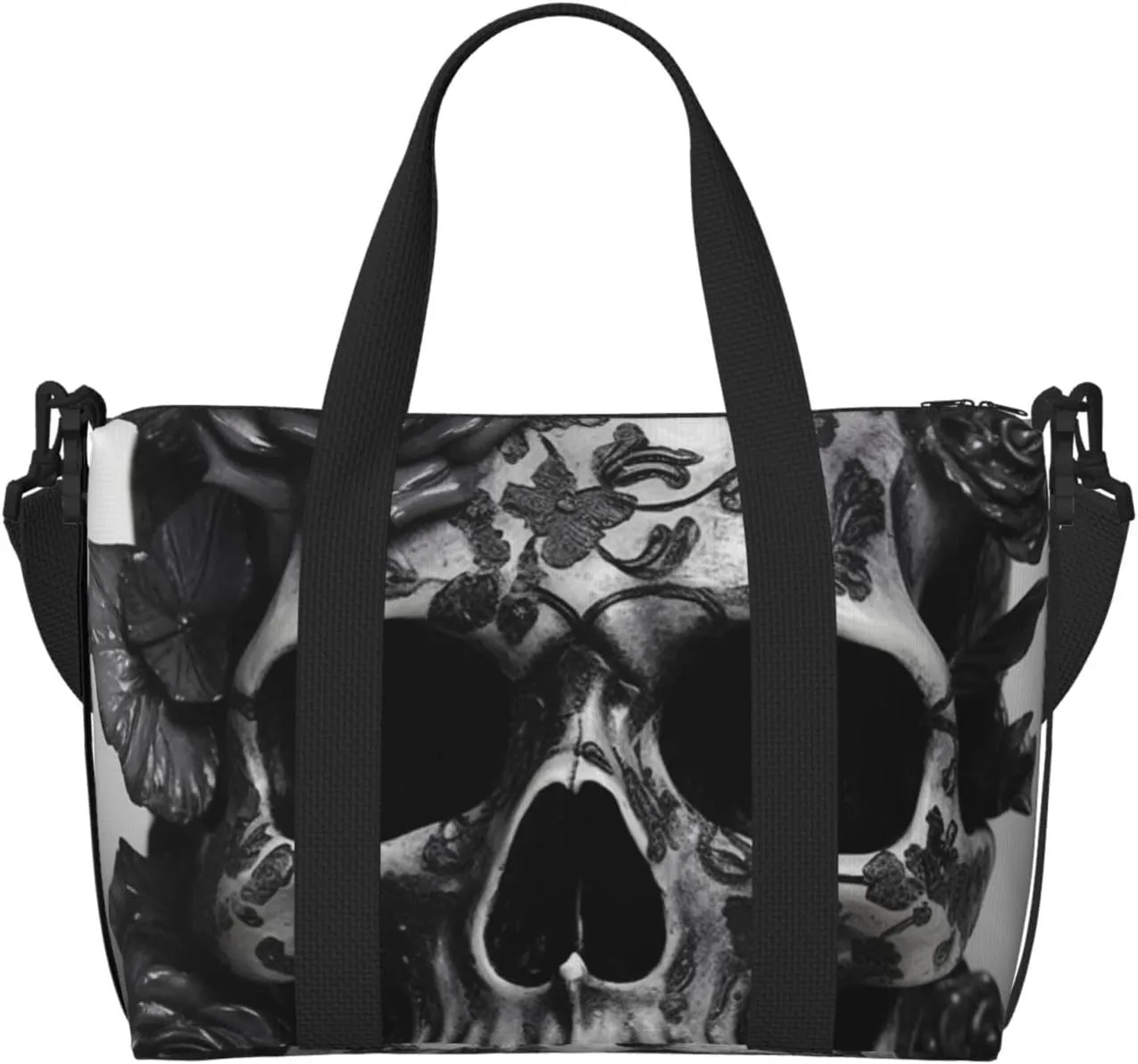 Sports Gym Bag for Women Men Travel Duffel Bag Tote Weekender Bag Carry on Overnight Bag for Travel Swimming Fitness Workout Sports Black Skull Rose Duffle Bag