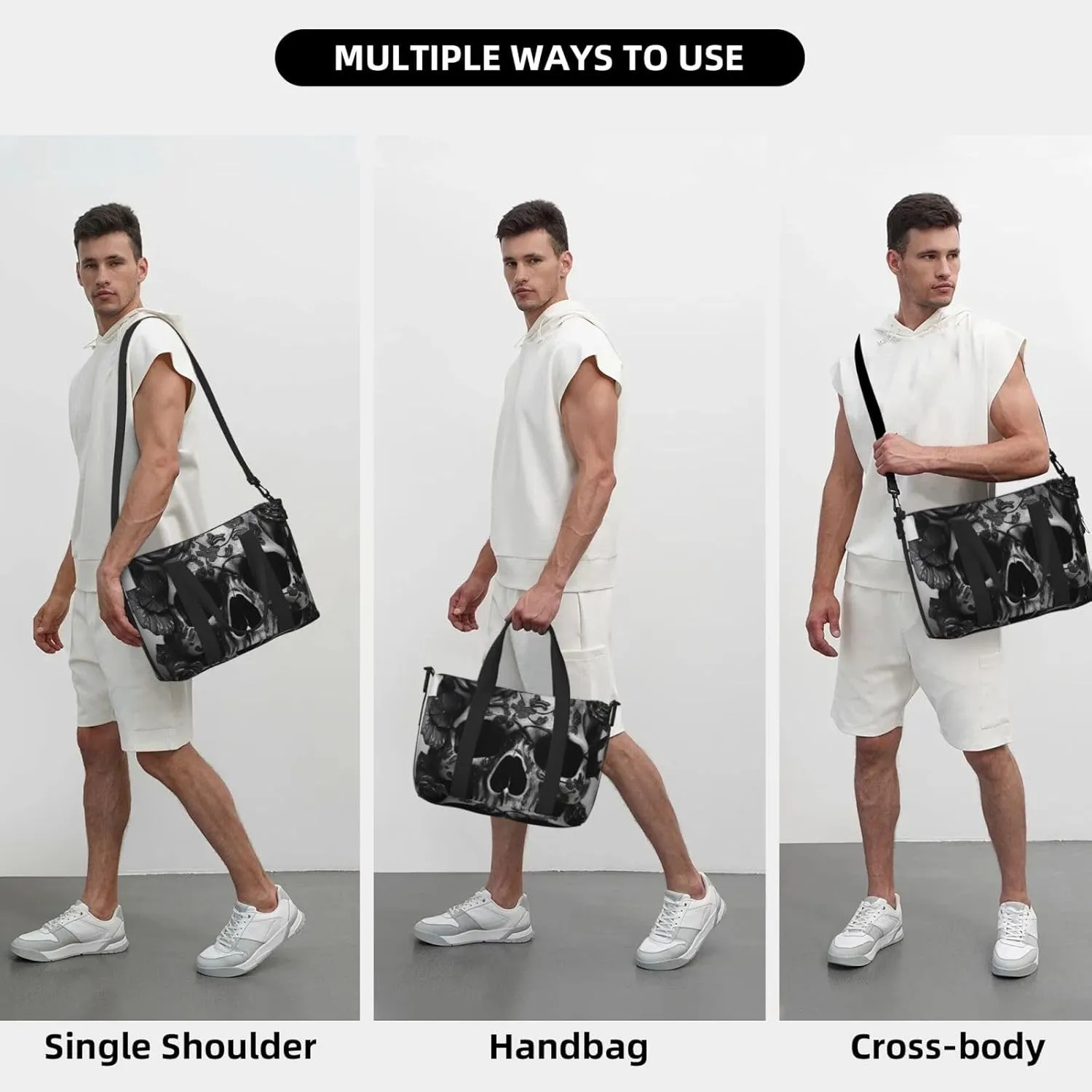 Sports Gym Bag for Women Men Travel Duffel Bag Tote Weekender Bag Carry on Overnight Bag for Travel Swimming Fitness Workout Sports Black Skull Rose Duffle Bag