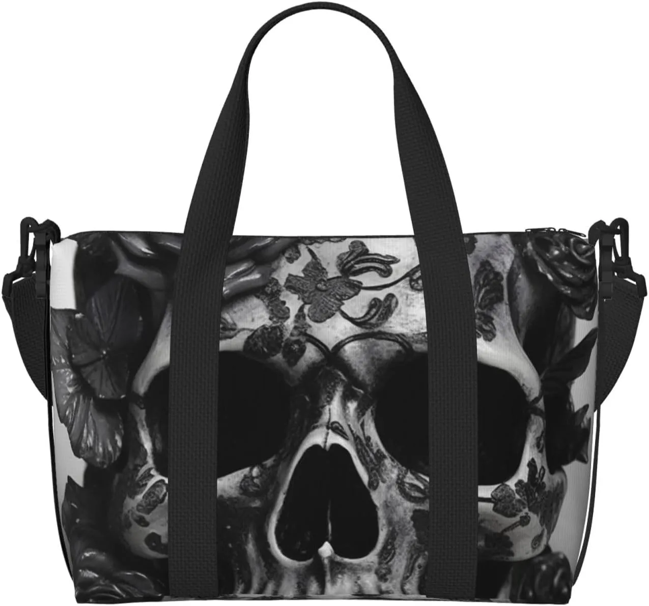 Sports Gym Bag for Women Men Travel Duffel Bag Tote Weekender Bag Carry on Overnight Bag for Travel Swimming Fitness Workout Sports Black Skull Rose Duffle Bag