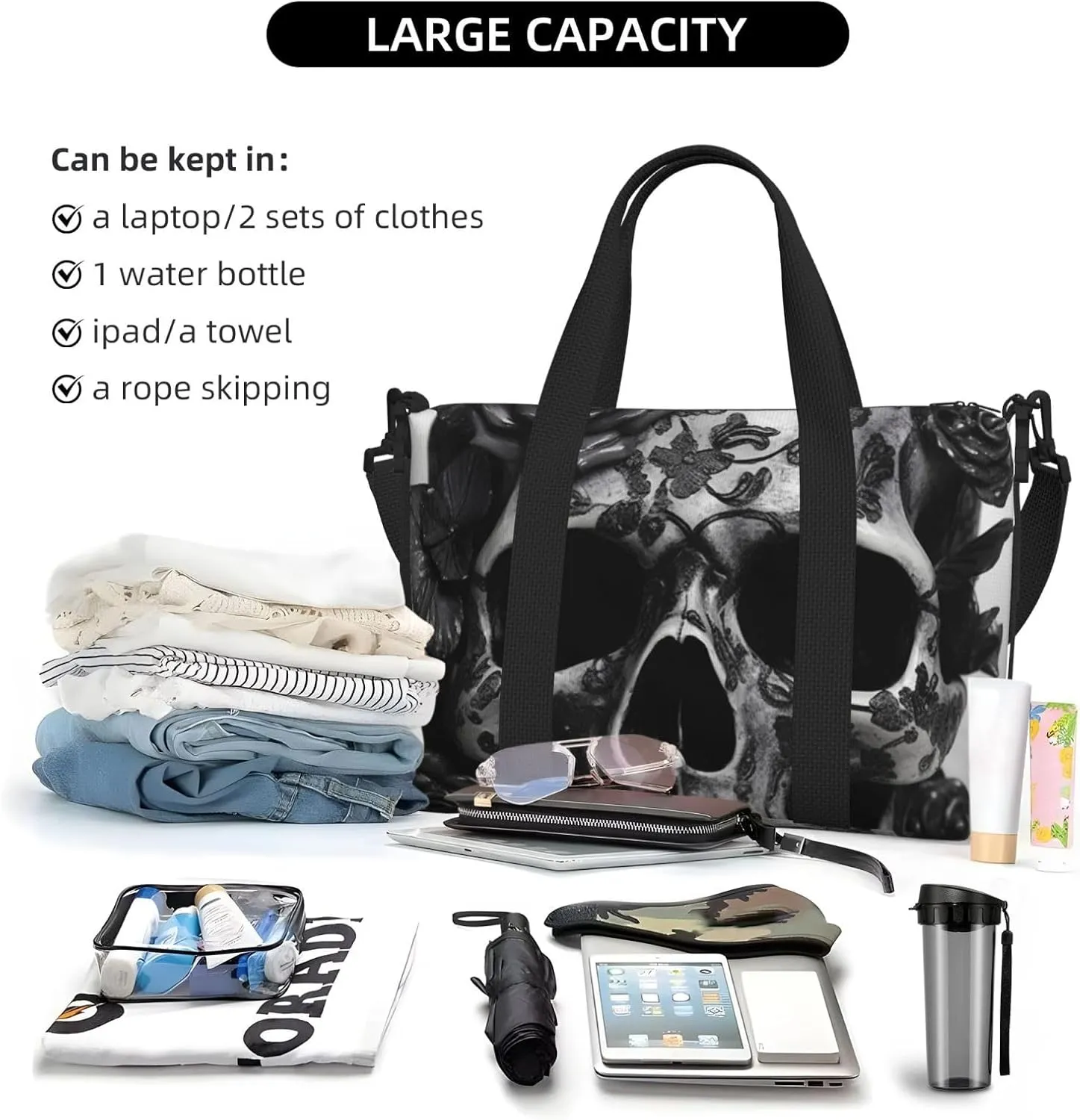 Sports Gym Bag for Women Men Travel Duffel Bag Tote Weekender Bag Carry on Overnight Bag for Travel Swimming Fitness Workout Sports Black Skull Rose Duffle Bag