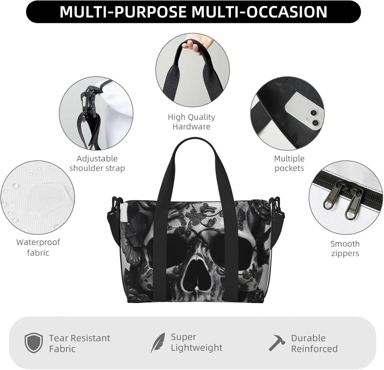Sports Gym Bag for Women Men Travel Duffel Bag Tote Weekender Bag Carry on Overnight Bag for Travel Swimming Fitness Workout Sports Black Skull Rose Duffle Bag